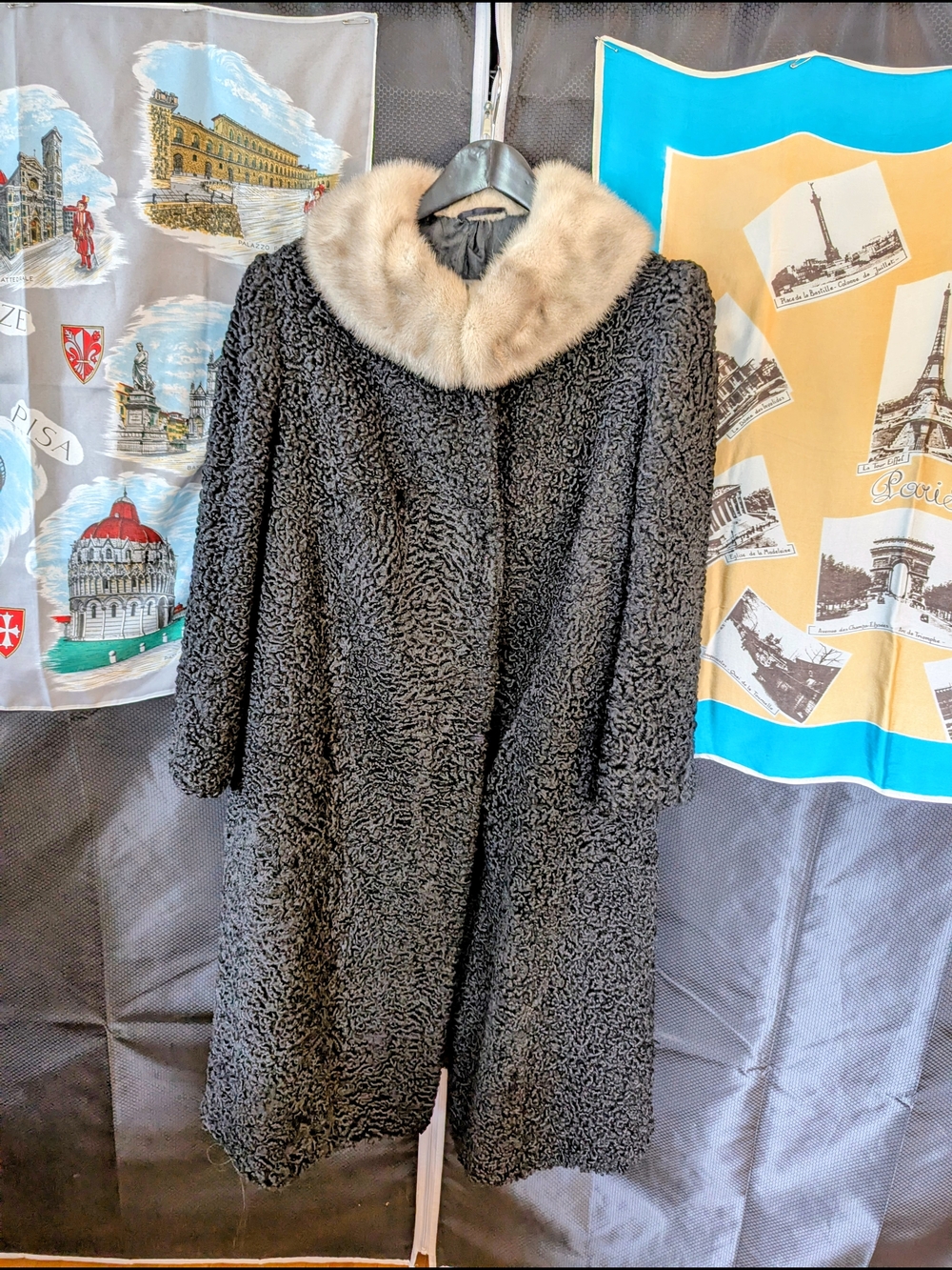 Vintage Black Persian Lamb Coat with Silver Beige Mink Collar